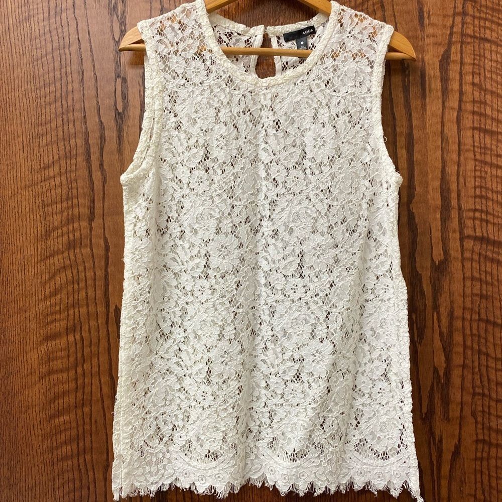Aqua cream sheer lace scoop neck sleeveless tunic tank